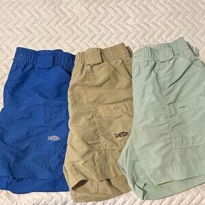Three AFTCO Elastic-Waist Shorts in Blue, Khaki, and Mint